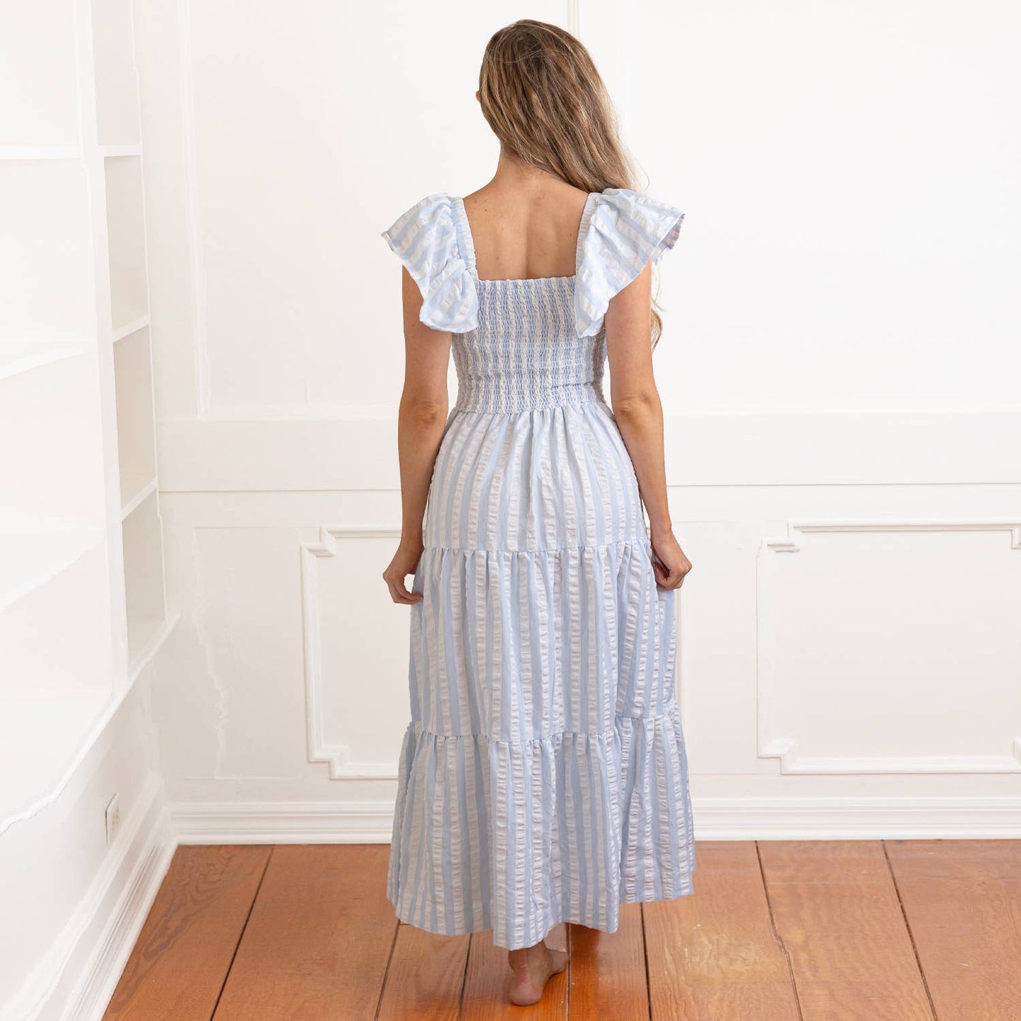 Blue & White Textured Stripe Smocked Flutter Sleeve Dress