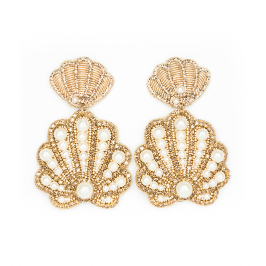 Gold and Pearl Seashell Beaded Earrings