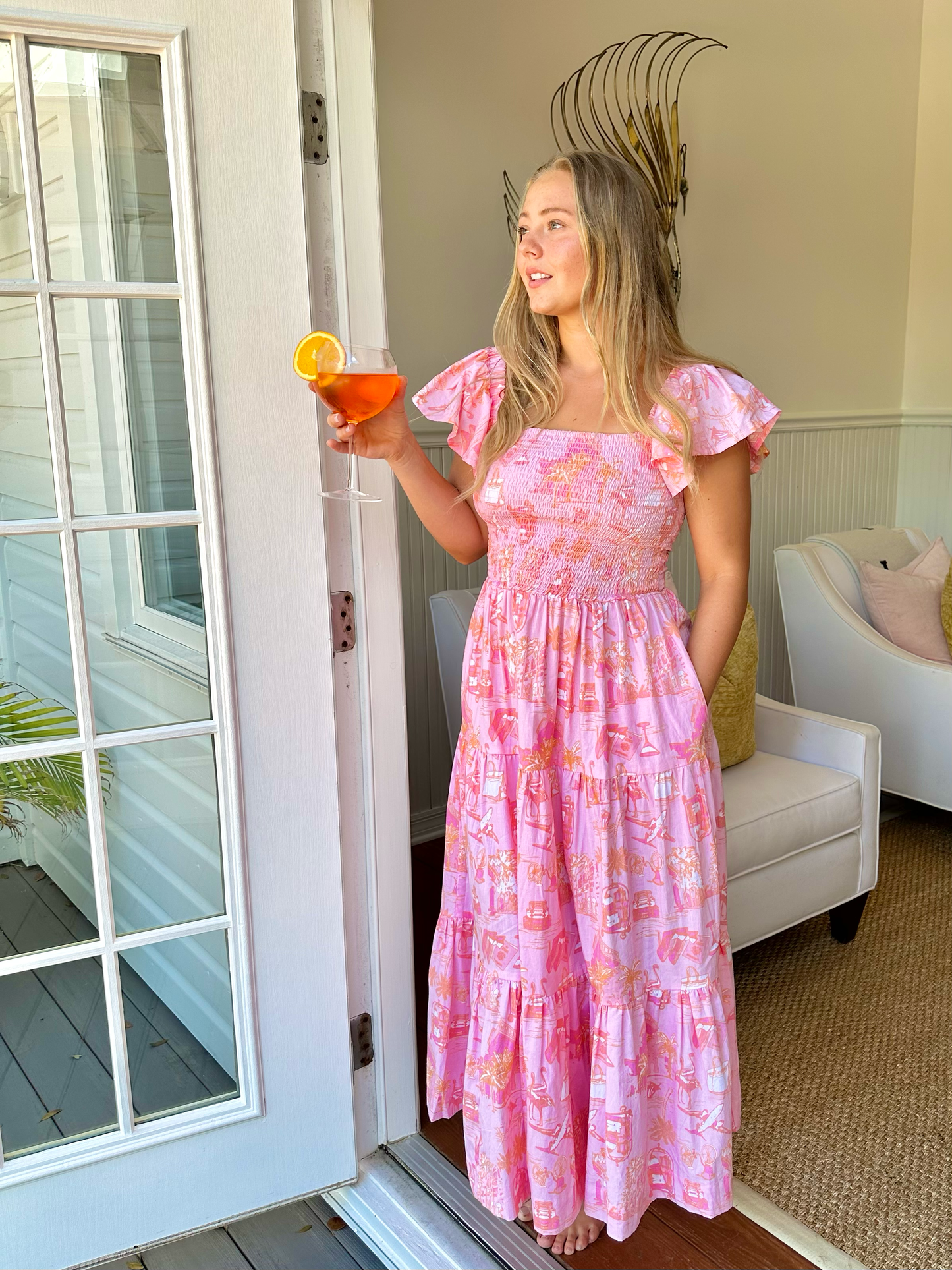 Sunset Toile Smocked Flutter Sleeve Dress