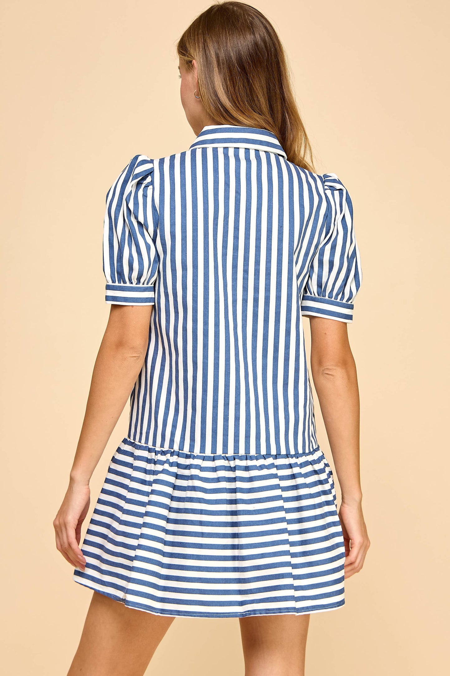Marit Striped Short Puff Sleeve Drop Waist Shirt Dress