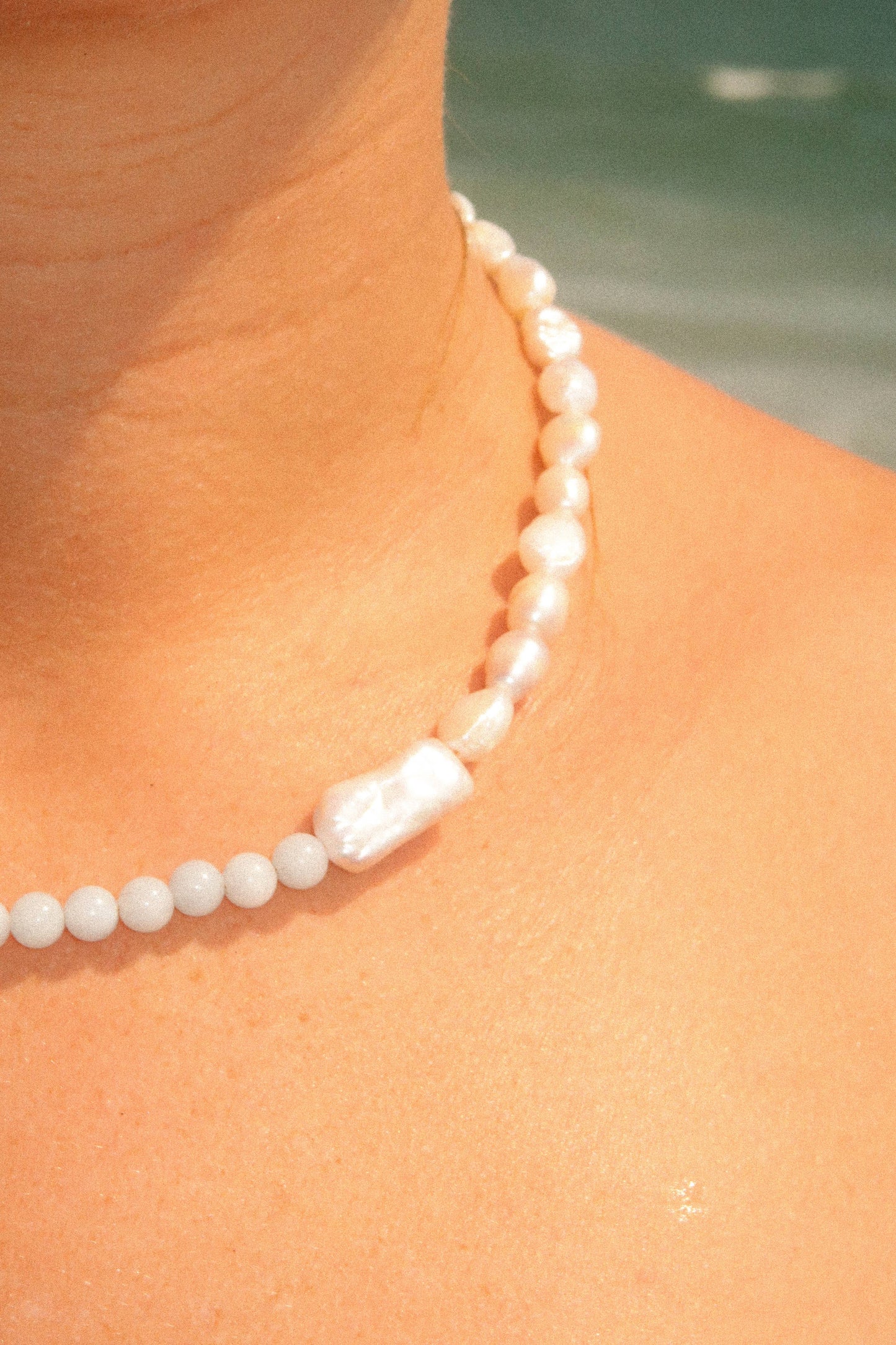 Quince Blue Jade and Pearl Necklace 