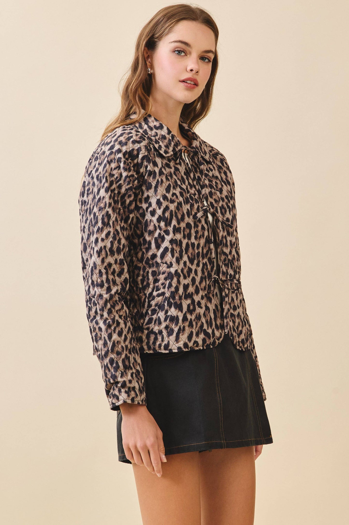 Quilted Tie Front Leopard Print Jacket