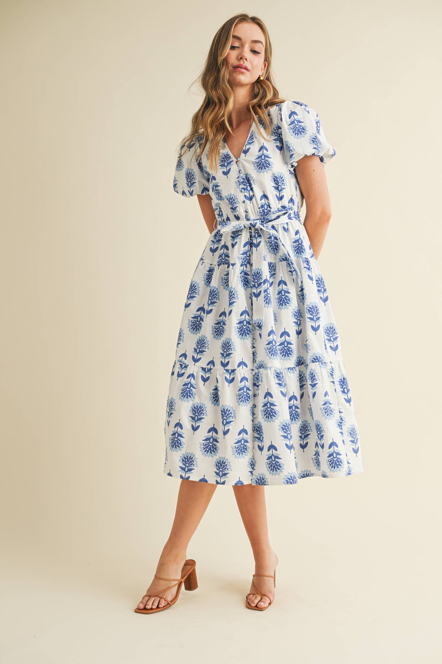 Floral Block Print Puff Sleeves Tiered Dress