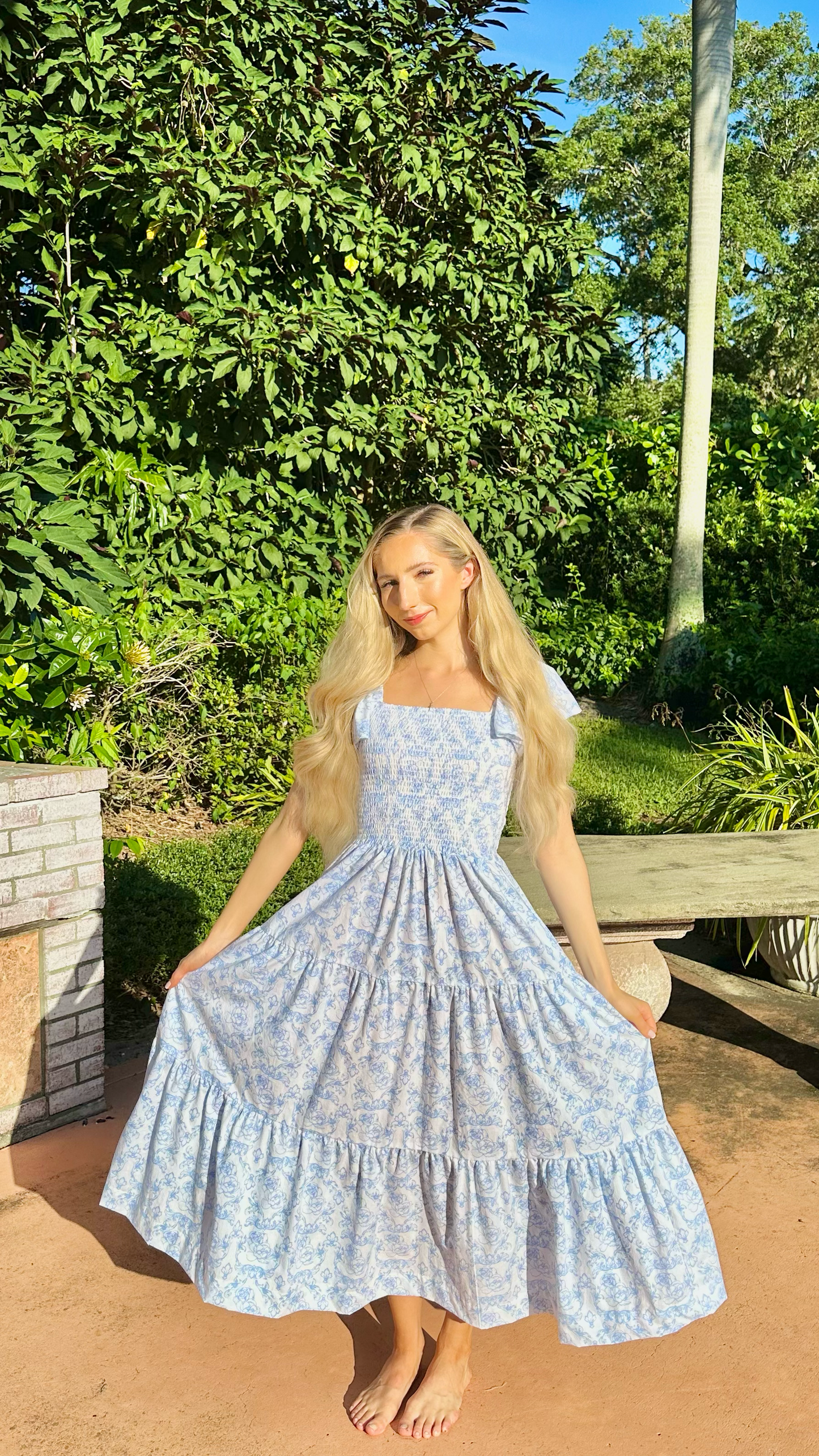 Delicate Blue Rose Smocked Flutter Sleeve Dress