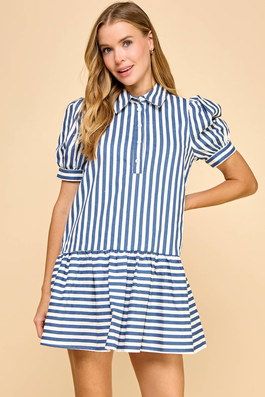 Marit Striped Short Puff Sleeve Drop Waist Shirt Dress