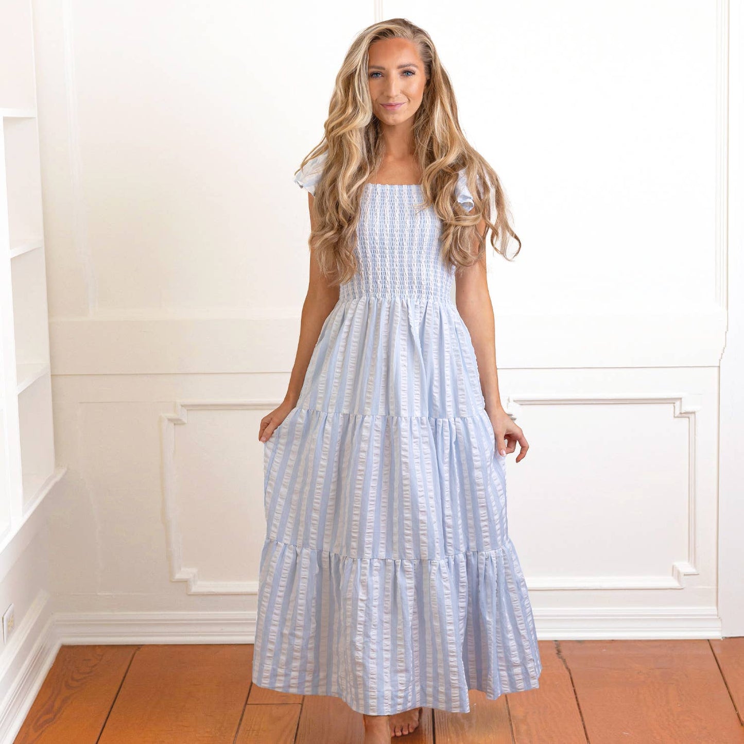Blue & White Textured Stripe Smocked Flutter Sleeve Dress
