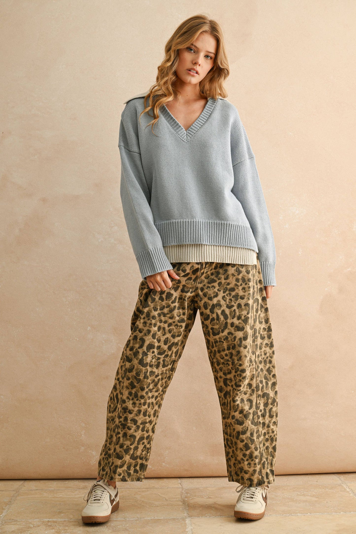 Layered V-Neck Collared Sweater