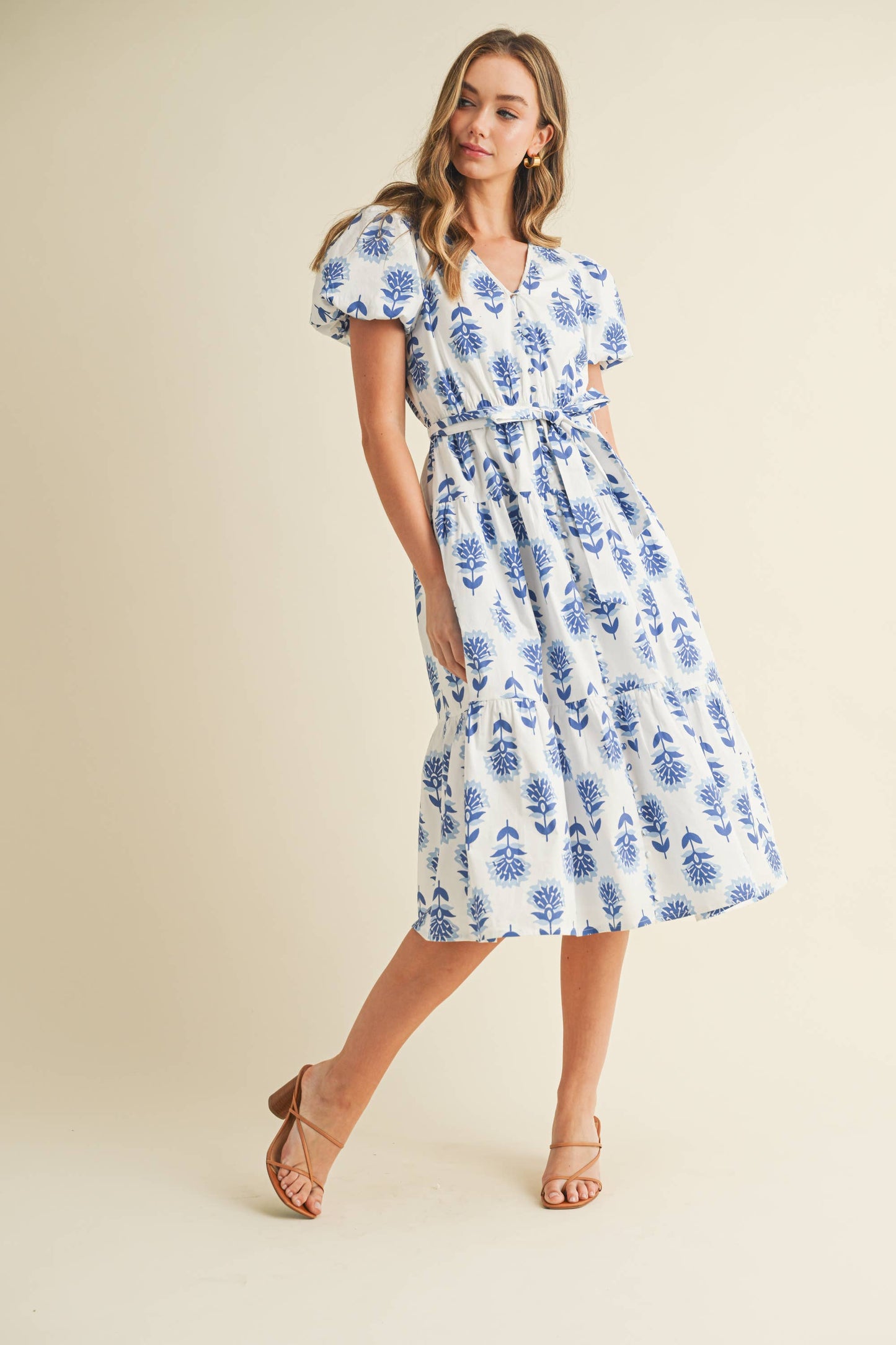 Floral Block Print Puff Sleeves Tiered Dress