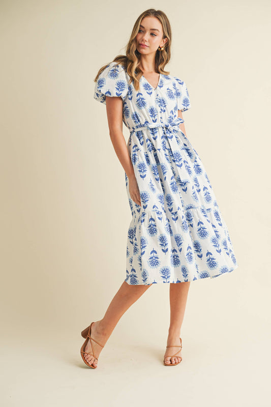Floral Block Print Puff Sleeves Tiered Dress