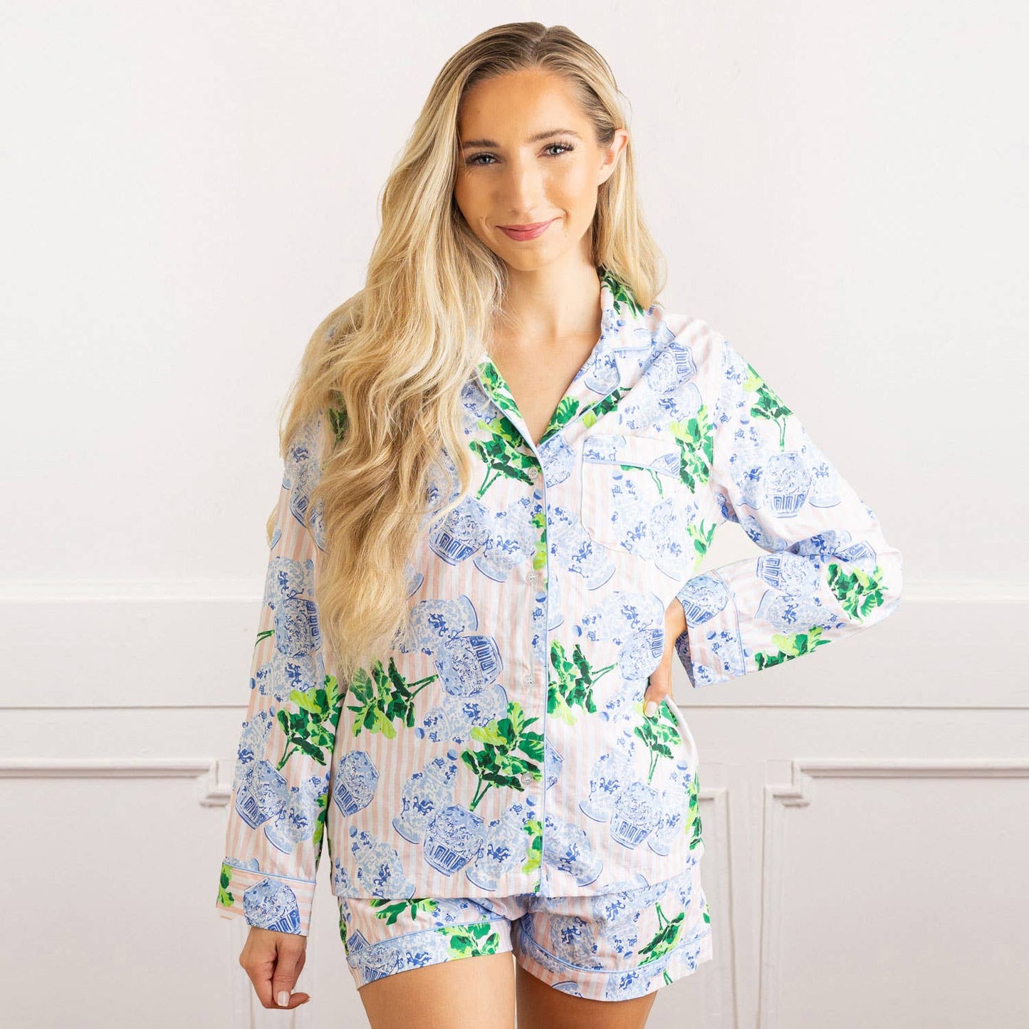 Ginger Fig Stripe PJ Set with Shorts & Long Sleeve Top