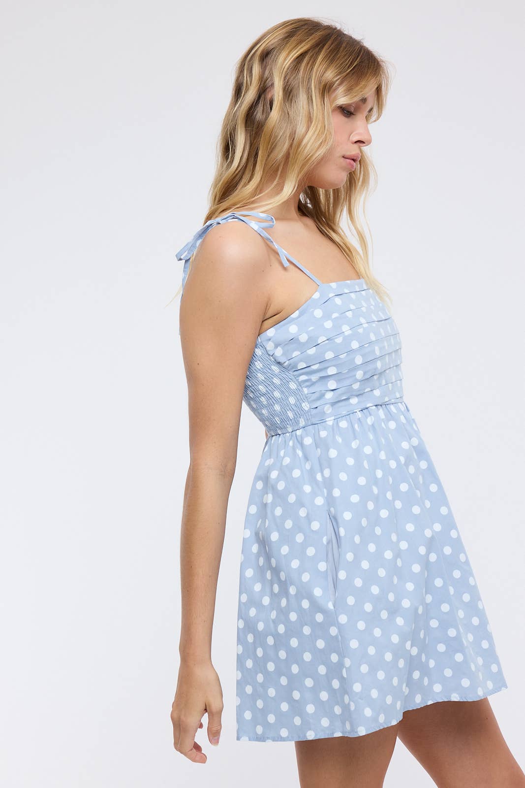 Blue and White Pleated Polka Dot Mini Dress