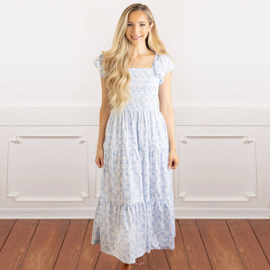 Delicate Blue Rose Smocked Flutter Sleeve Dress