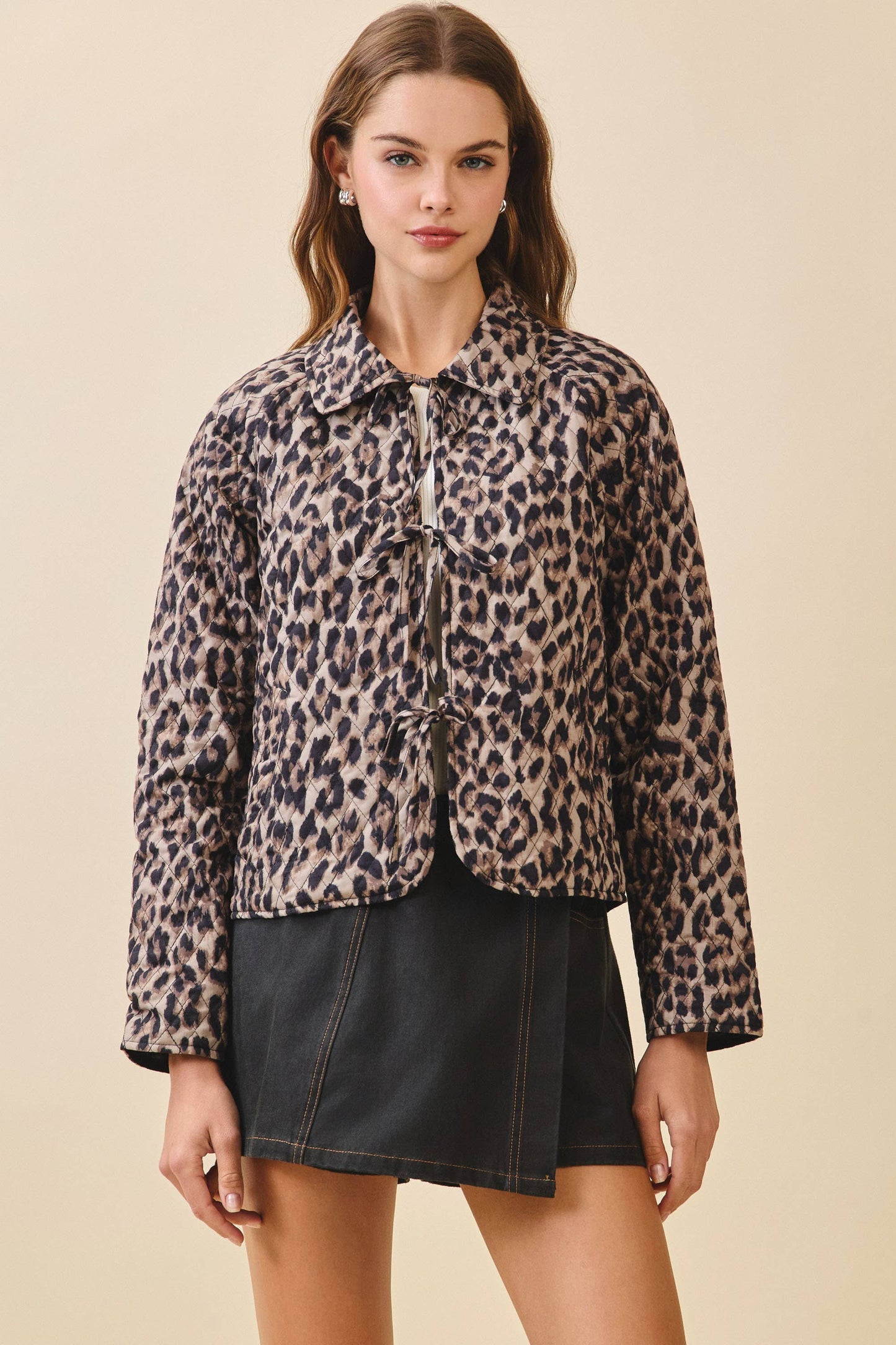 Quilted Tie Front Leopard Print Jacket