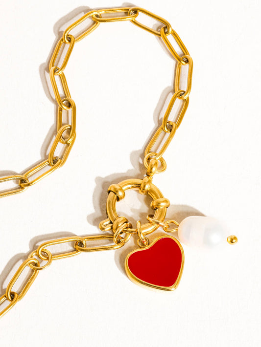Lovestruck Heart & Pearl Charm Paperclip Link Bracelet