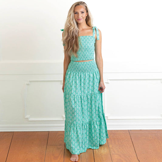 Green Block Print Smocked Tie Top & Skirt Set