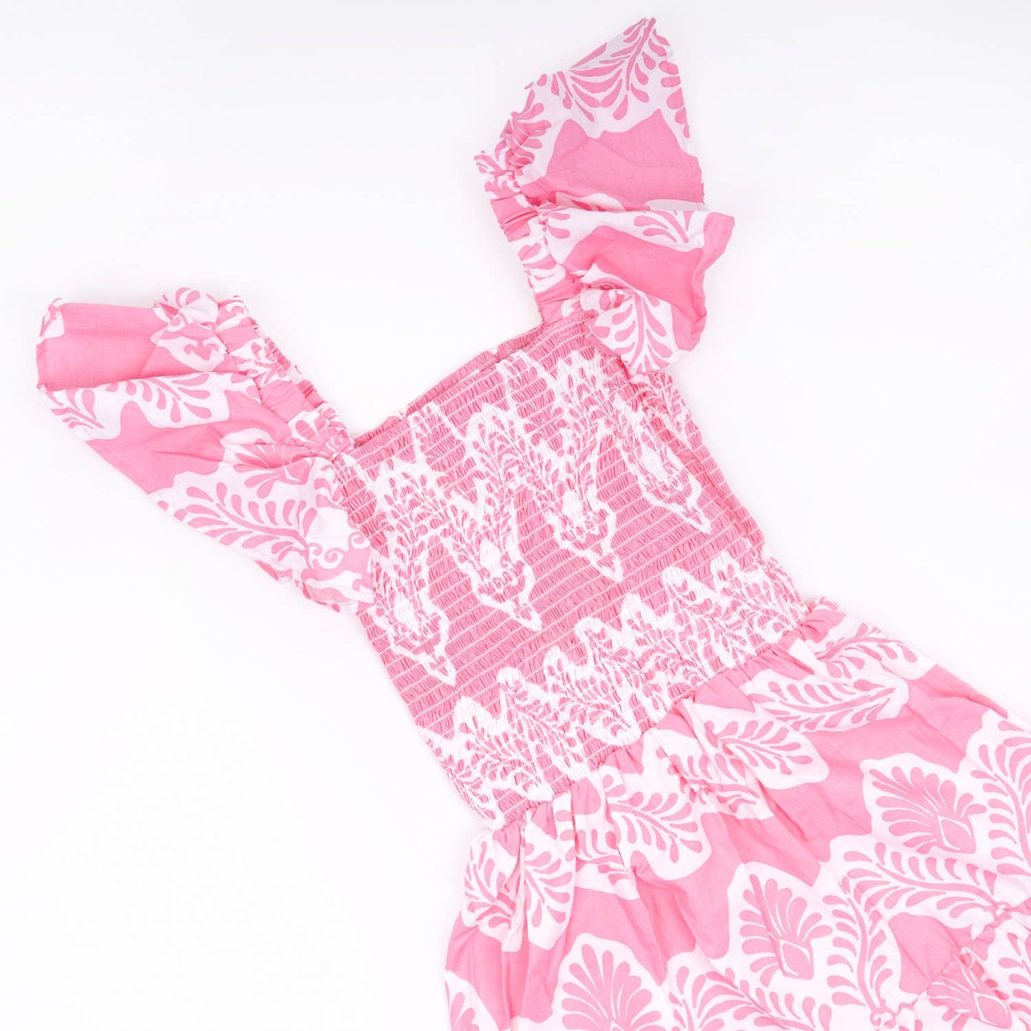 Modern Pink Smocked Flutter Sleeve Dress
